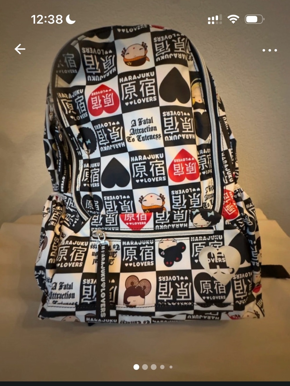 Harajuku Lovers Black White Graphic Patchwork Backpack with Red Accents